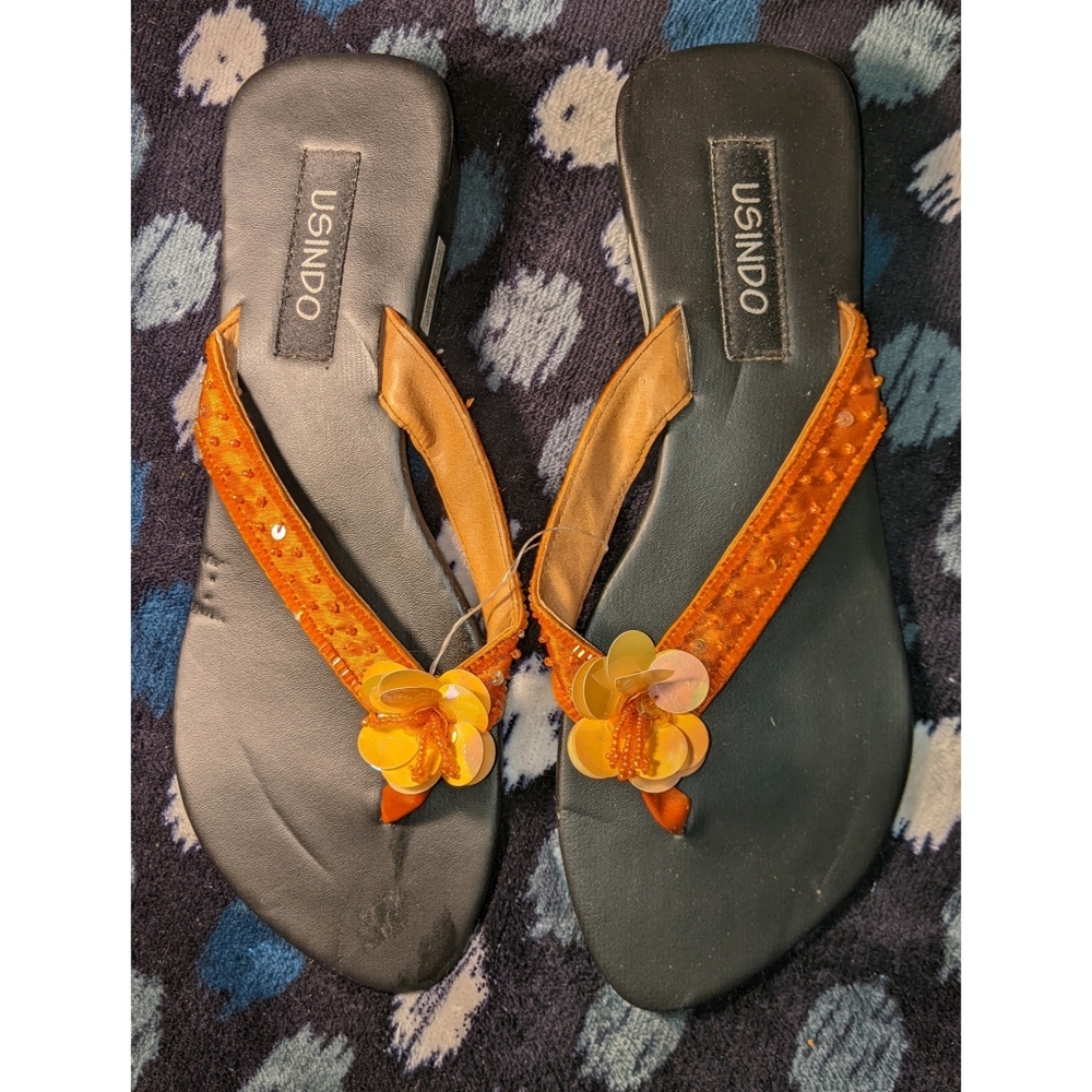 Usindo Orange Beaded Flower Sandals Size 8